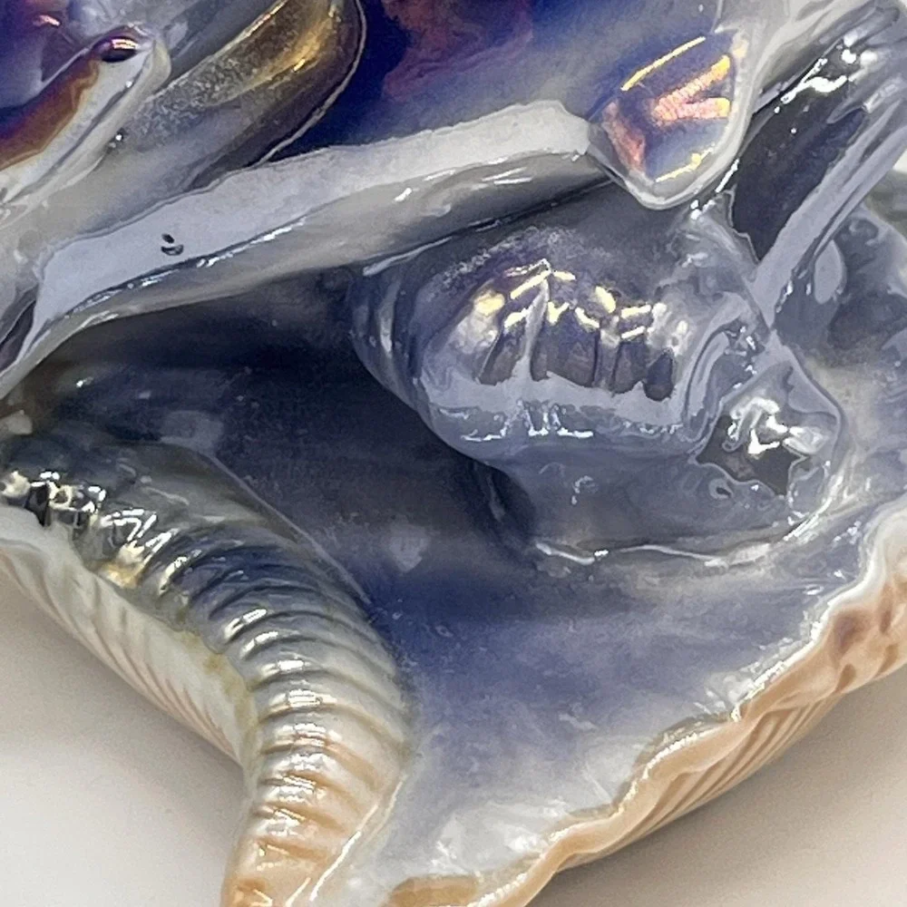 Vintage Lusterware Iridescent Porcelain Dolphins On Seashell Mirtex Trading